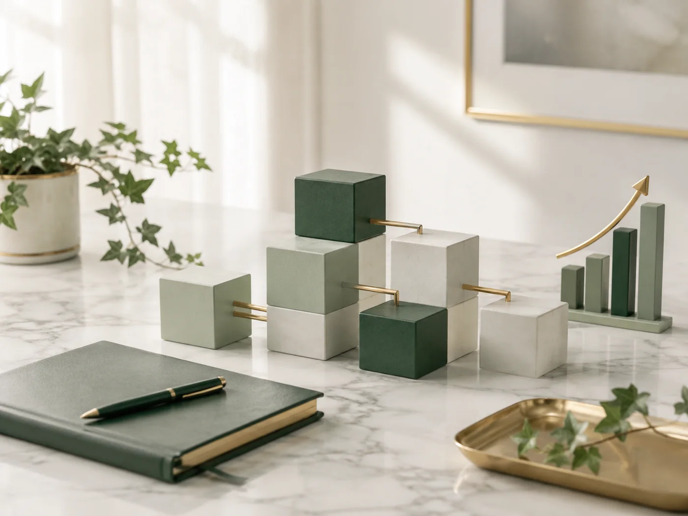 Pale green and ivory blocks joined by brass rods on a marble desk, beside a rising bar chart.