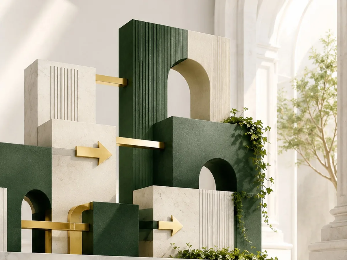 Stone and deep green architectural blocks arranged on a marble plinth, brass arrows carrying elements between them.