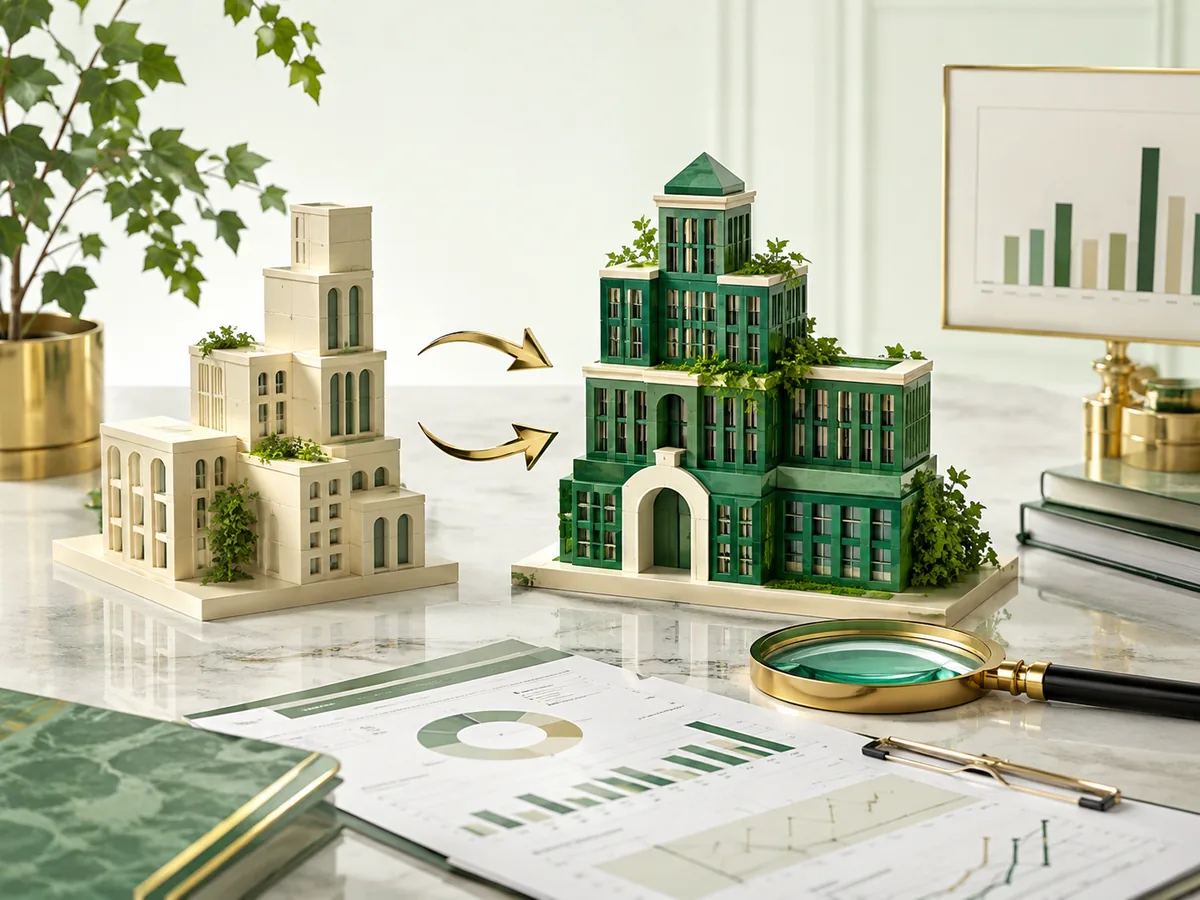 Two architectural models on a marble desk, gold arrows carrying the ivory structure across into a single larger green building.