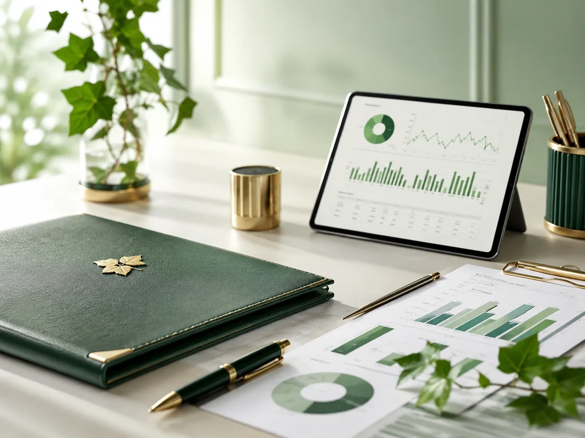 A green leather folio and a tablet of live charts on a quiet, sunlit desk.