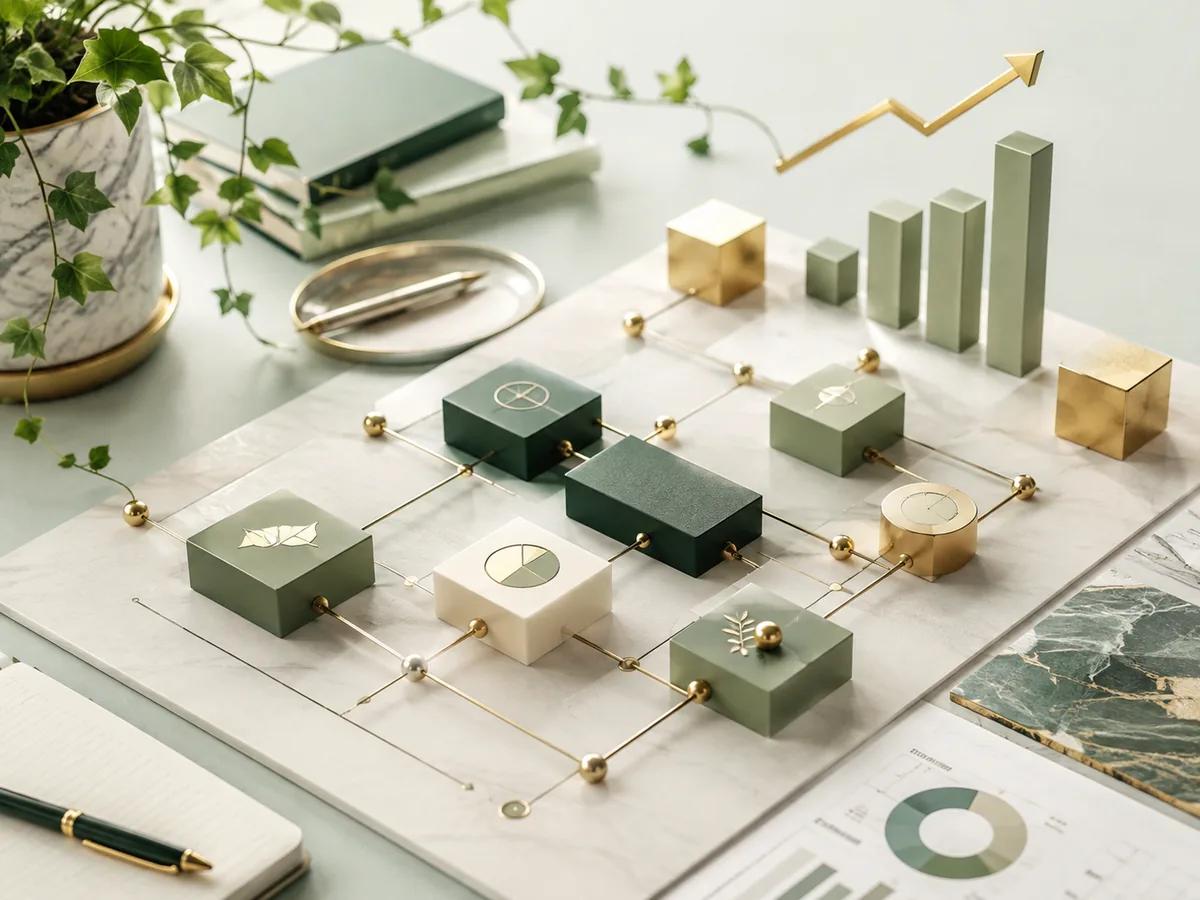 Green and brass blocks connected by fine brass rods across a marble board, layered beside a rising bar chart.