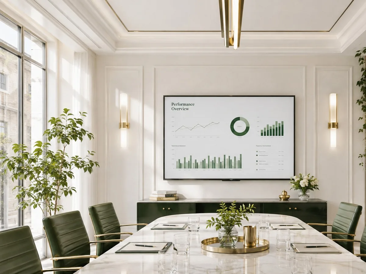 A sunlit boardroom with a marble table, green leather chairs and a performance dashboard on the wall screen.