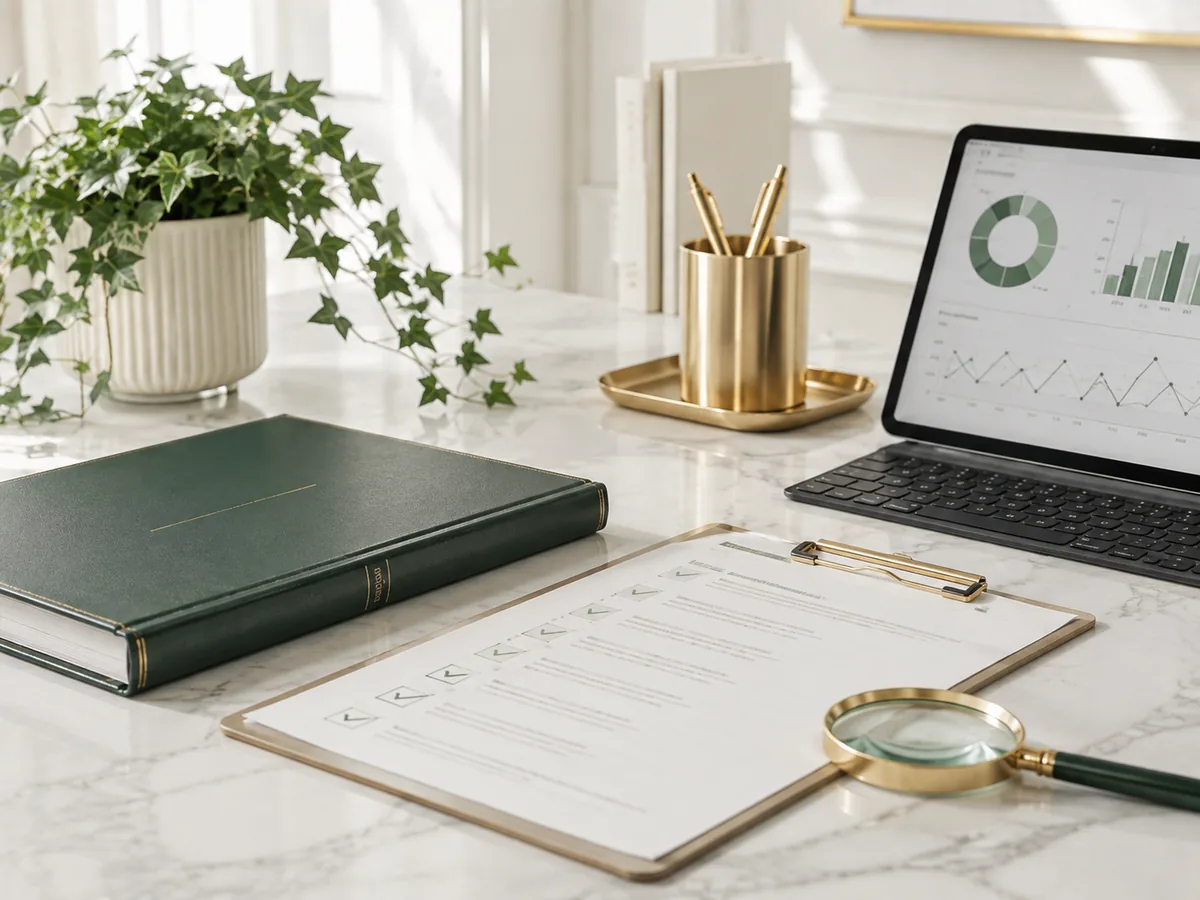 A clipboard of ticked review points beside a magnifying glass, a bound file and a screen of charts.