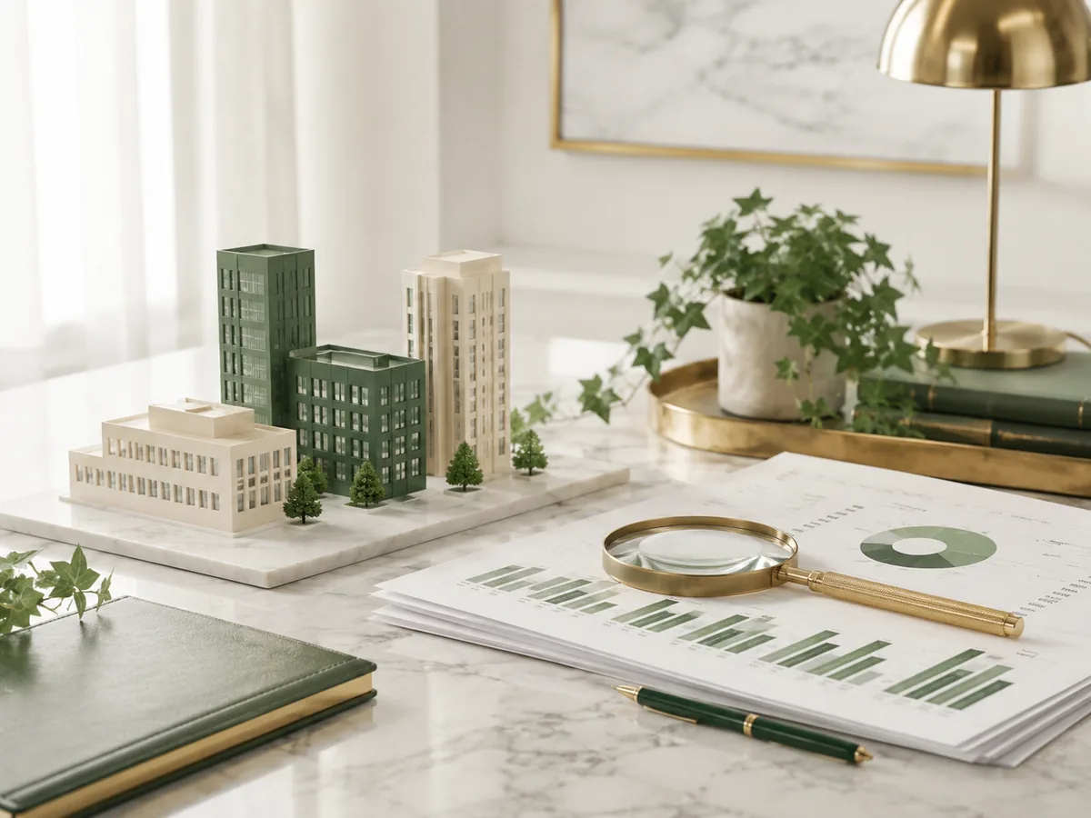 A model of several buildings on a marble plinth beside charts being examined through a magnifying glass.