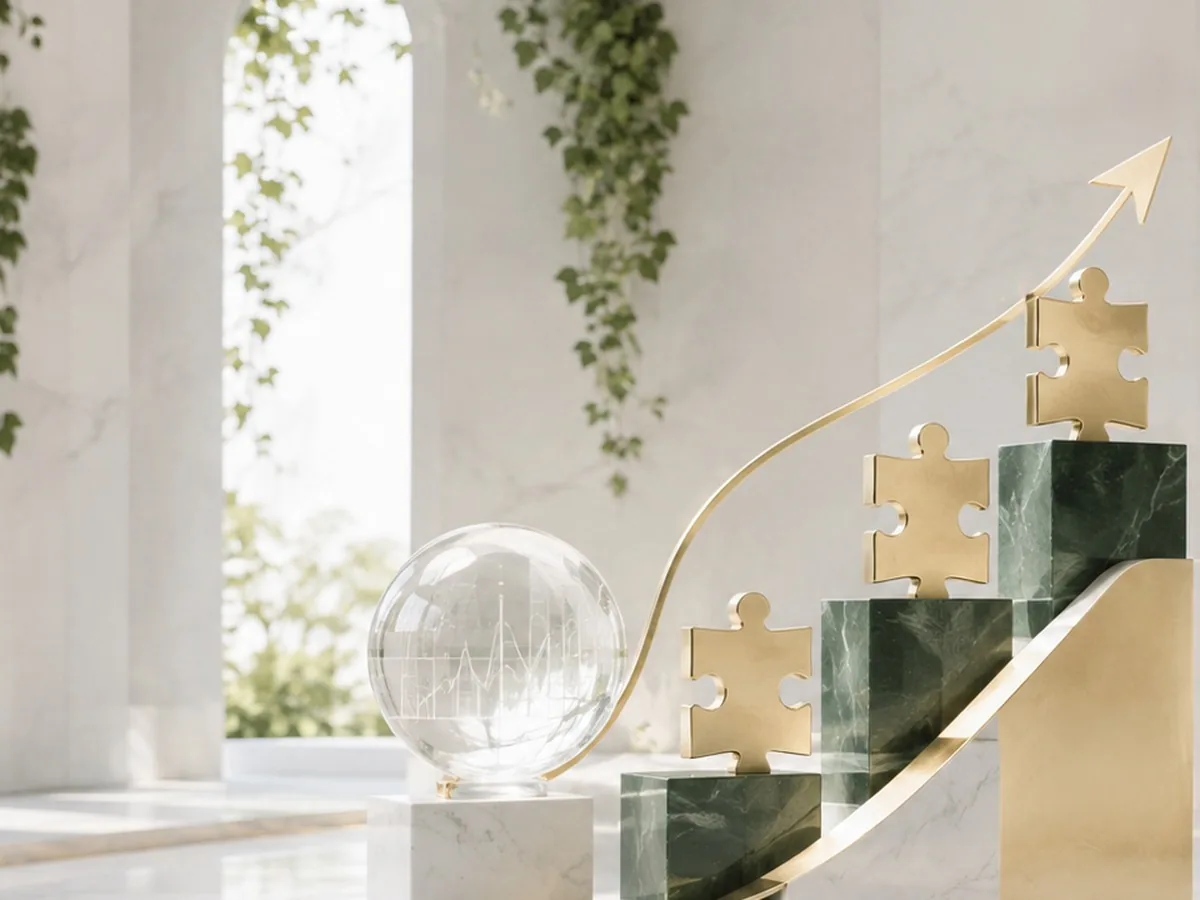 Brass puzzle pieces rising step by step up green marble blocks, a gold arrow curving over them.